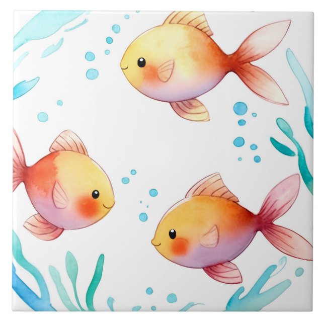 Niedliches Goldfisch Wasserfarbenes Meer Fliese (Vorderseite)