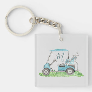 Niedliches Golf Cart Blue Watercolor Monogram Schlüsselanhänger