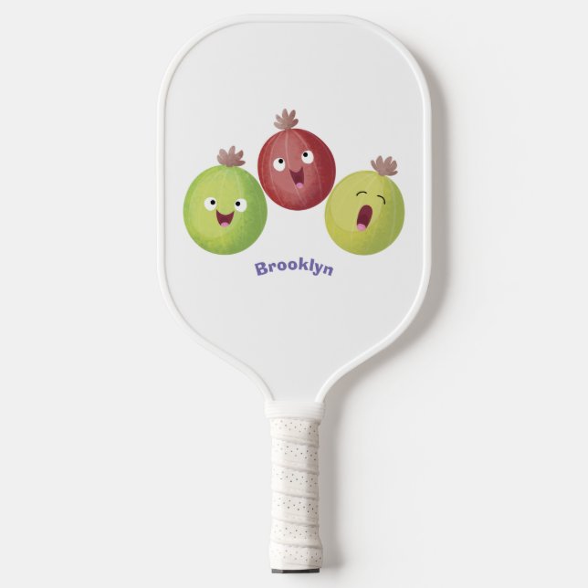 Niedliches Gooseberry-Trio mit Cartoon Pickleball Schläger (Vorderseite)