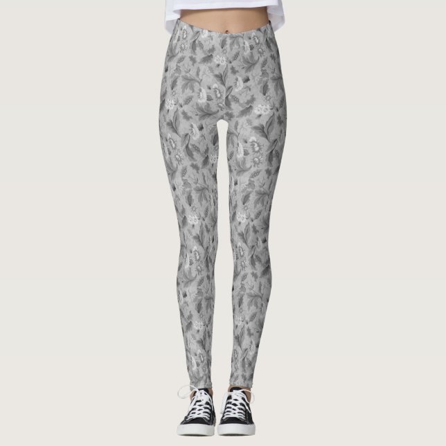 Niedliches, graues Blumenmuster Leggings (Vorderseite)