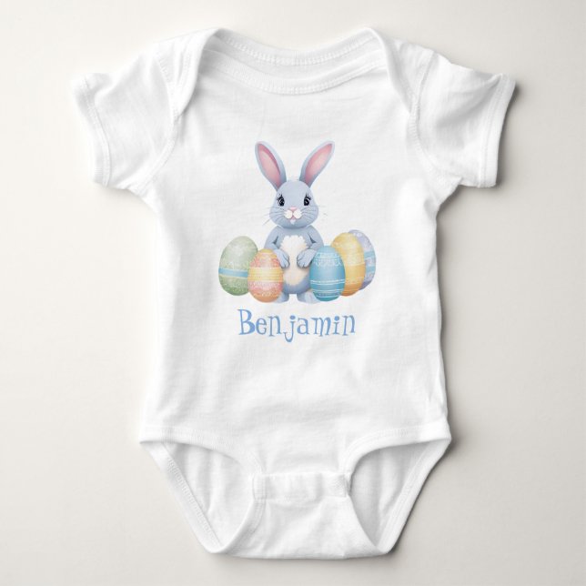 Niedliches graues Kaninchen mit Ostereiern Name We Baby Strampler (Vorderseite)