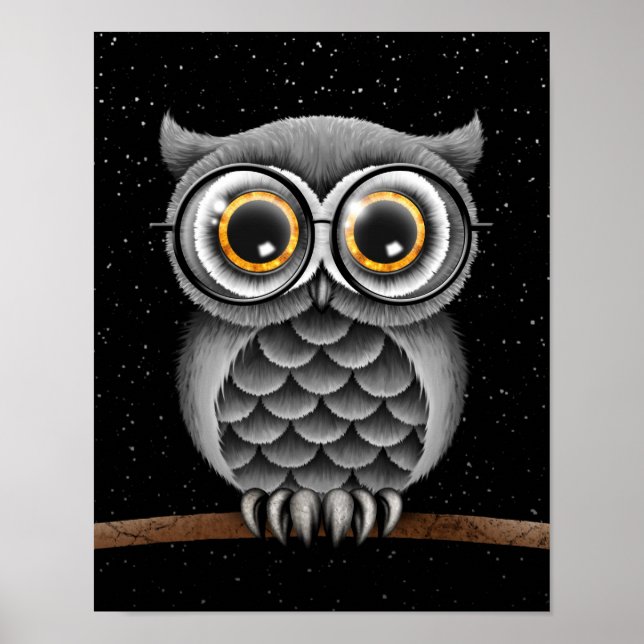 Niedliches Graues Owl mit Brille mit Sternen Poster (Vorne)