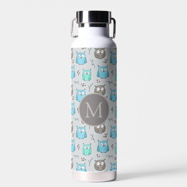 Niedliches graues Owl-Muster Monogramm Trinkflasche (Vorne)