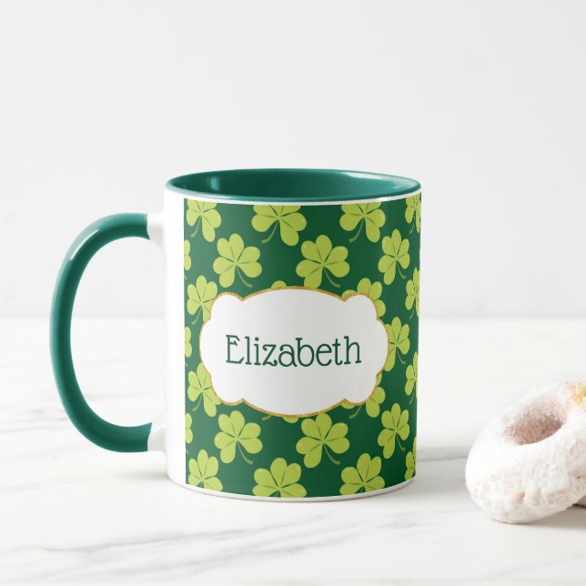 Niedliches Green Clover Kleeblatt Muster Tasse (Mit Donut)