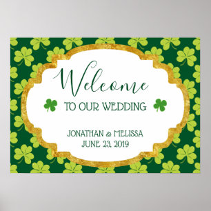 Niedliches Green Clover Muster Hochzeitsempfang Poster