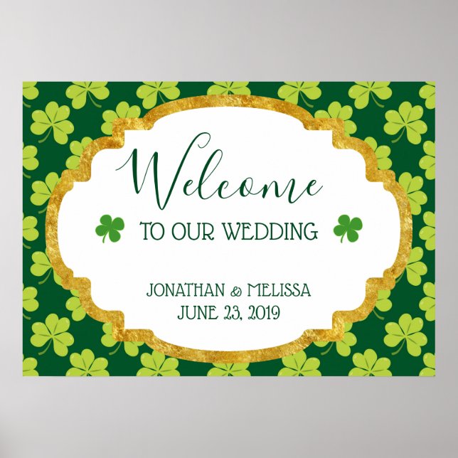 Niedliches Green Clover Muster Hochzeitsempfang Poster (Vorne)
