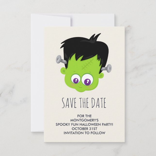 Niedliches Green Frankenstein Monster-Gesicht Hall Save The Date (Vorderseite)