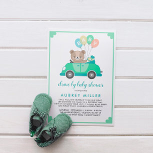 Niedliches Green Teddy Bear Drive mit Babydusche Einladung