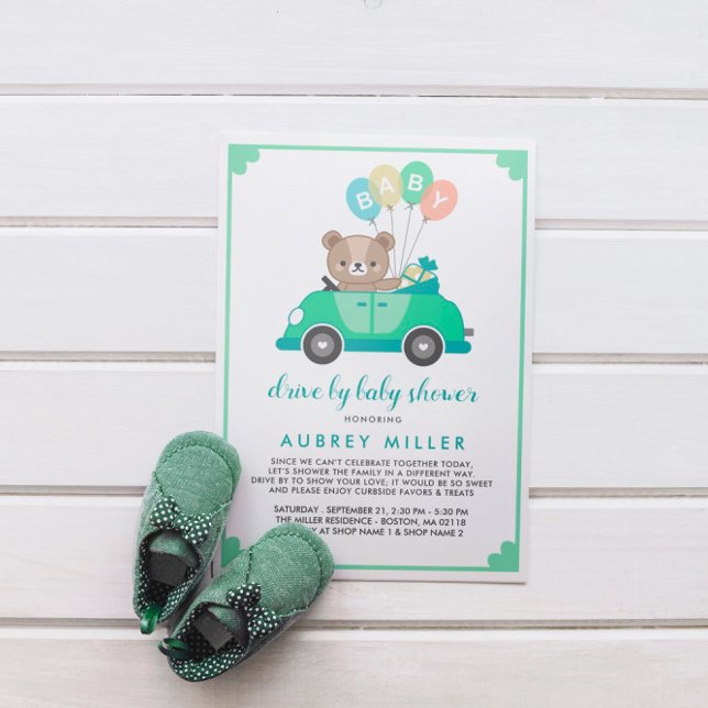 Niedliches Green Teddy Bear Drive mit Babydusche Einladung (Von Creator hochgeladen)