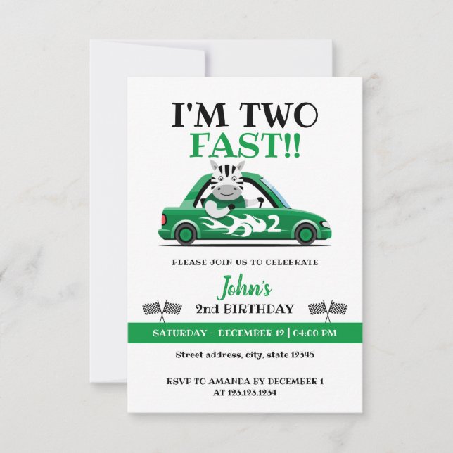 Niedliches Green & White Race Car Zwei Fast 2. Geb Einladung (Vorderseite)