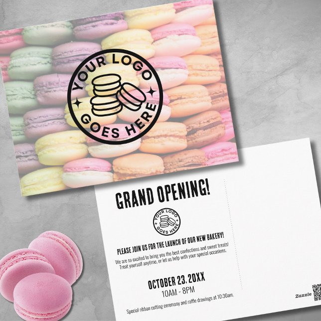 Niedliches Großbacken Postkarte (Cute Colorful Macaron Cookie Grand Opening Bakery Postcard)