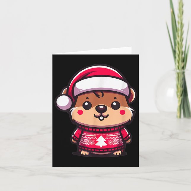Niedliches Groundhott mit Weihnachtsmannmütze Weih Karte (Vorderseite)