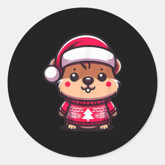 Niedliches Groundhott mit Weihnachtsmannmütze Weih Runder Aufkleber (Vorderseite)