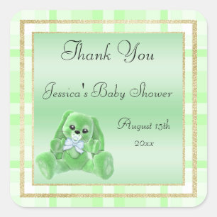 Niedliches grünes Häschen danken Ihnen Baby-Dusche Quadratischer Aufkleber