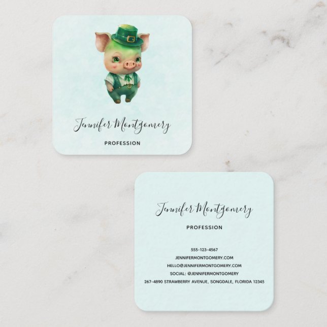 Niedliches grünes Märchenschwein in Extravaganter  Quadratische Visitenkarte (Vorne/Hinten)