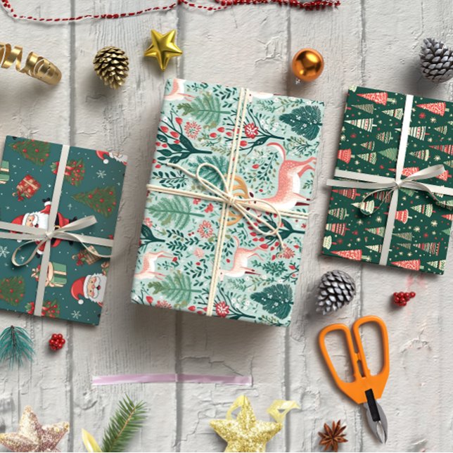 Niedliches grünes Set zu Weihnachten von 3 Geschenkpapier Set (Green Cute Christmas set of 3 Wrapping Paper Sheet)