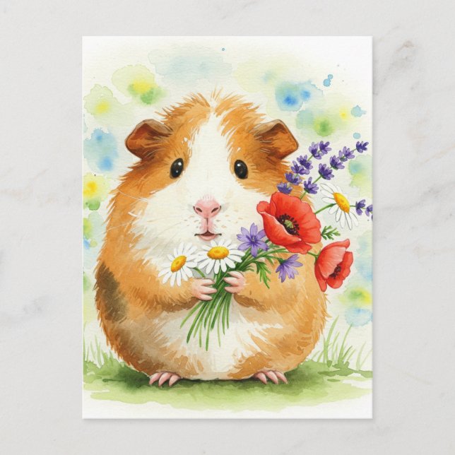 Niedliches Guinea Schwein mit Blume Postkarte (Vorderseite)