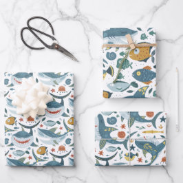 Niedliches Hai- und Fischmuster Geschenkpapier Set