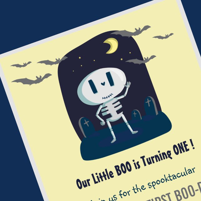 Niedliches Halloween 1. Geburtstag Einladung (Halloween-1st-Birthday-Invitation-Little boo-Yellow-skull-Cute-1)