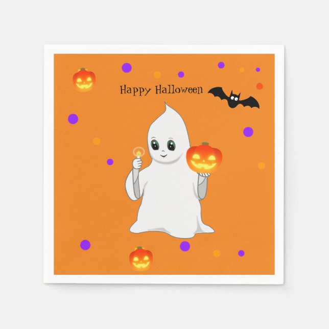 Niedliches Halloween Baby Ghost & Pumpkins in Oran Serviette (Vorderseite)