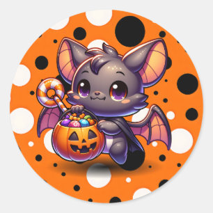 Niedliches Halloween-Bat mit Pumpkin-Korb Runder Aufkleber