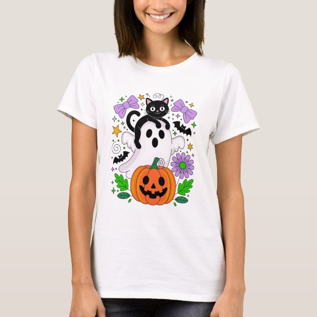 Niedliches Halloween Black Cat Ghost und Kürbiskun T-Shirt (Vorderseite)