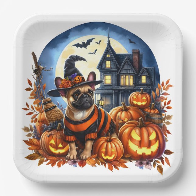 Niedliches Halloween-Bulldog Pappteller (Vorderseite)