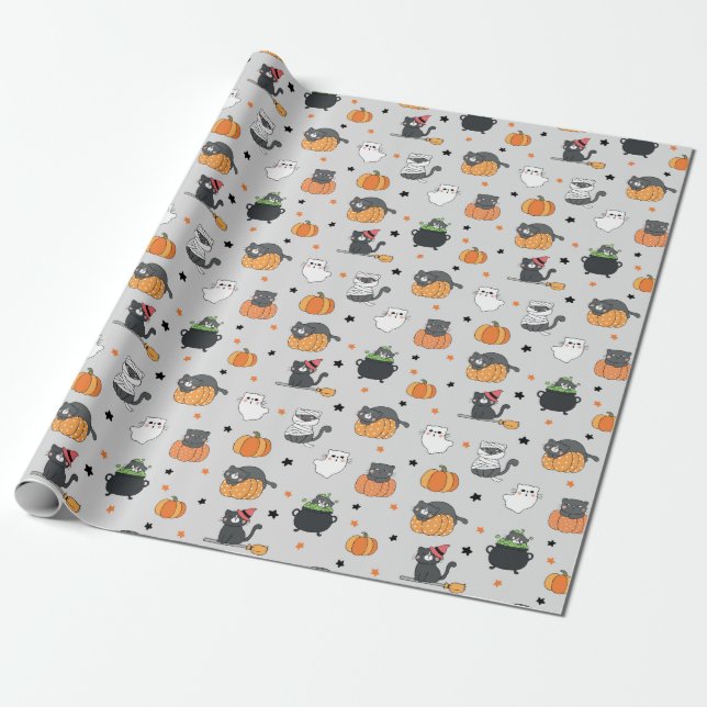 Niedliches Halloween-Cats- und Geistermuster Geschenkpapier (Ungerollt)