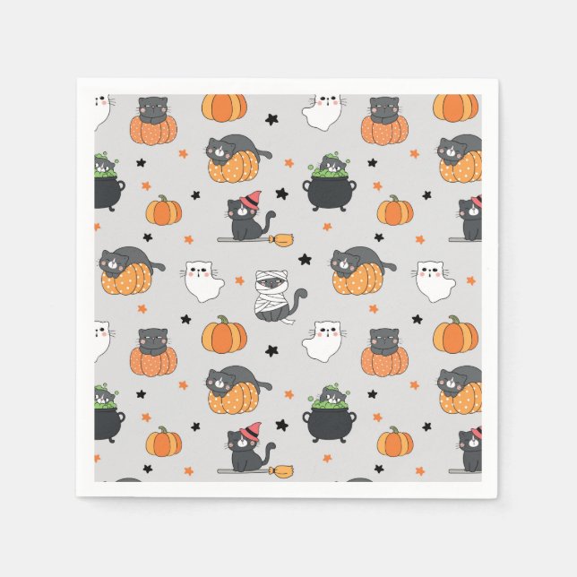 Niedliches Halloween-Cats- und Geistermuster Serviette (Vorderseite)