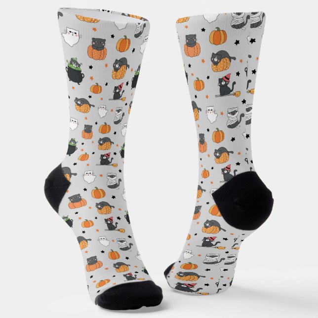 Niedliches Halloween-Cats- und Geistermuster Socken (Gewinkelt)