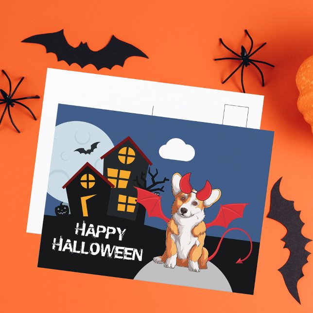 Niedliches Halloween Corgi Devil Kostüm Spuk Haus Postkarte (Von Creator hochgeladen)
