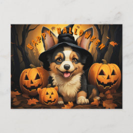 Niedliches Halloween Corgi im Wald mit Kürbiskins Feiertagspostkarte
