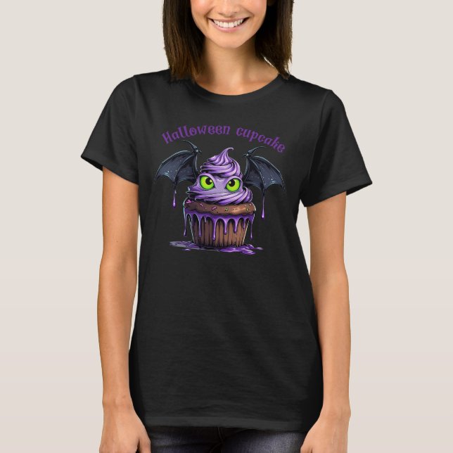 Niedliches Halloween Cupcake Illustration Fledermä T-Shirt (Vorderseite)