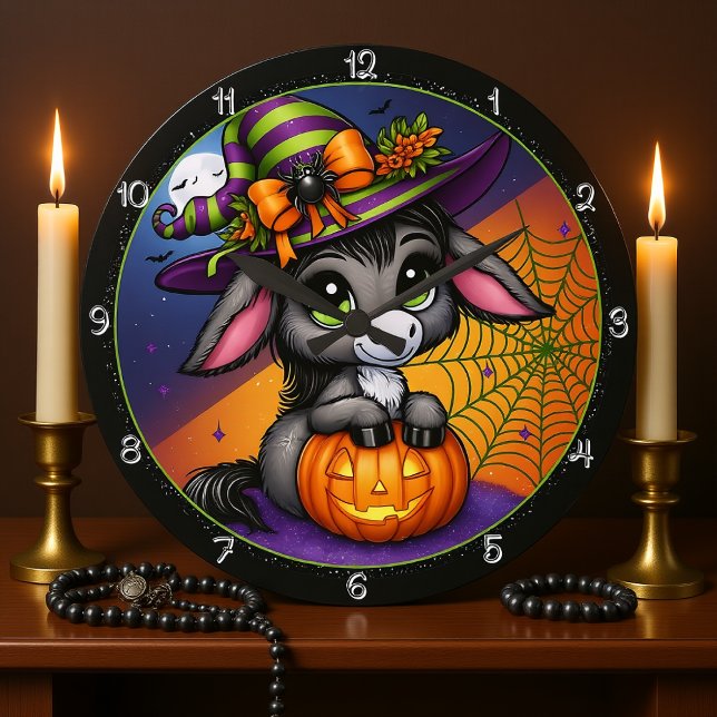 Niedliches Halloween Donkey Hexenkürbis Große Wanduhr (Von Creator hochgeladen)