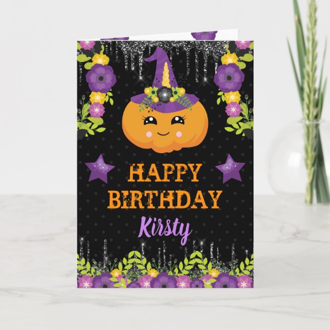 Niedliches Halloween-Floral Pumpkin Happy Birthday Karte (Vorderseite)