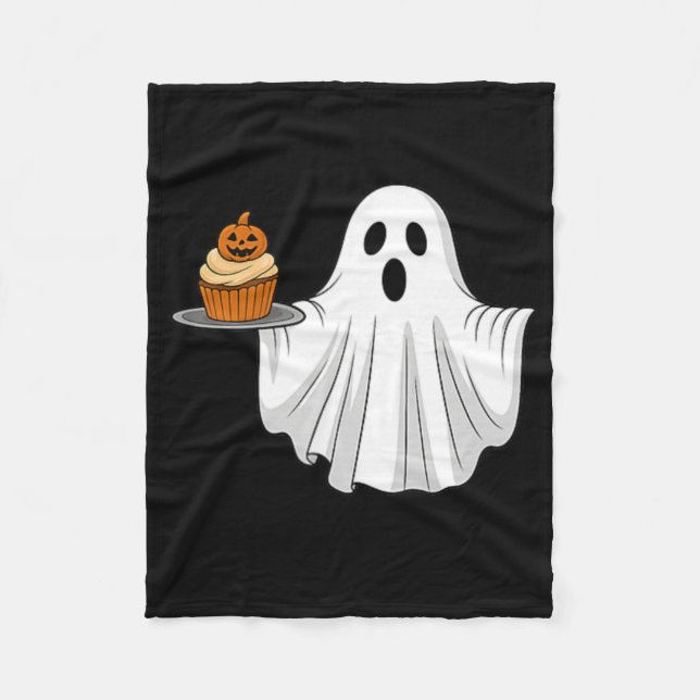 Niedliches Halloween Ghost Holding Pumpkin Cupcake Fleecedecke (Vorderseite)