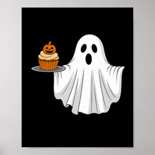 Niedliches Halloween Ghost Holding Pumpkin Cupcake Poster