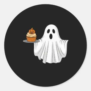 Niedliches Halloween Ghost Holding Pumpkin Cupcake Runder Aufkleber