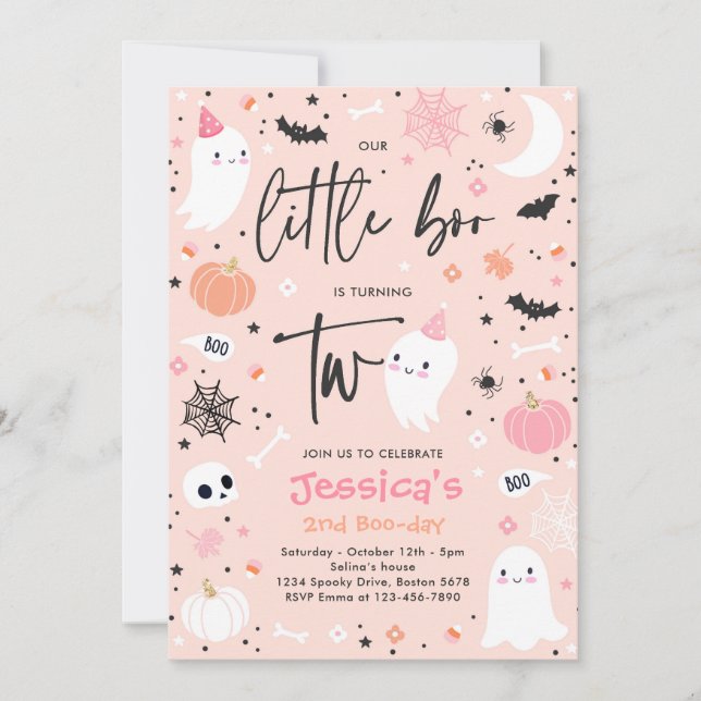 Niedliches Halloween Ghost Little Boo 2. Geburtsta Einladung (Vorderseite)