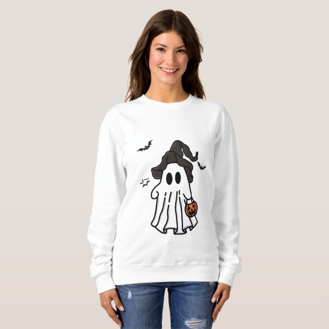 Niedliches Halloween-Ghost mit Hexenhut und Kürbis Sweatshirt (Vorne ganz)