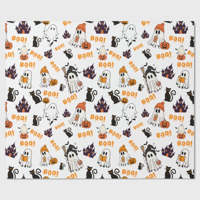 Niedliches Halloween Ghost Pattern - Spooky Black  Geschenkpapier (Flach)