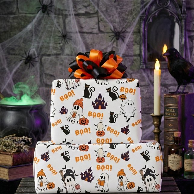 Niedliches Halloween Ghost Pattern - Spooky Black  Geschenkpapier (Von Creator hochgeladen)
