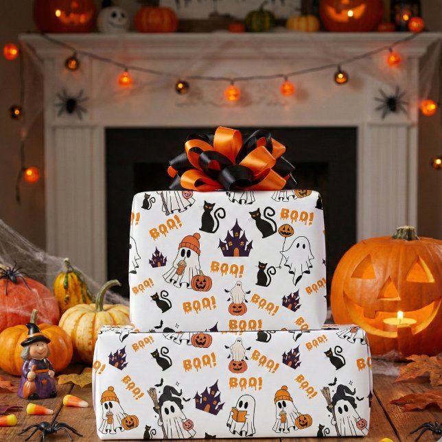 Niedliches Halloween Ghost Pattern - Spooky Black  Geschenkpapier (Von Creator hochgeladen)