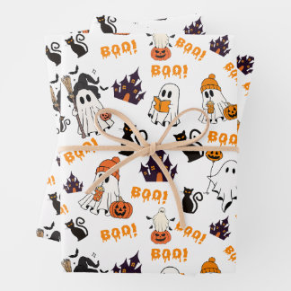 Niedliches Halloween Ghost Pattern - Spooky Black  Geschenkpapier Set