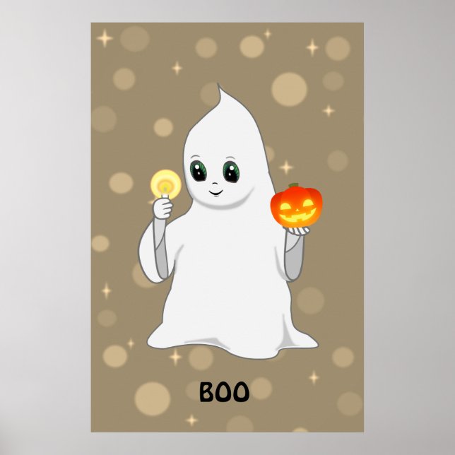 Niedliches Halloween Ghost & Pumpkin auf Beige Poster (Vorne)