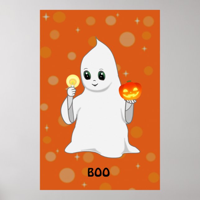 Niedliches Halloween-Ghost & Pumpkin auf Orange Poster (Vorne)
