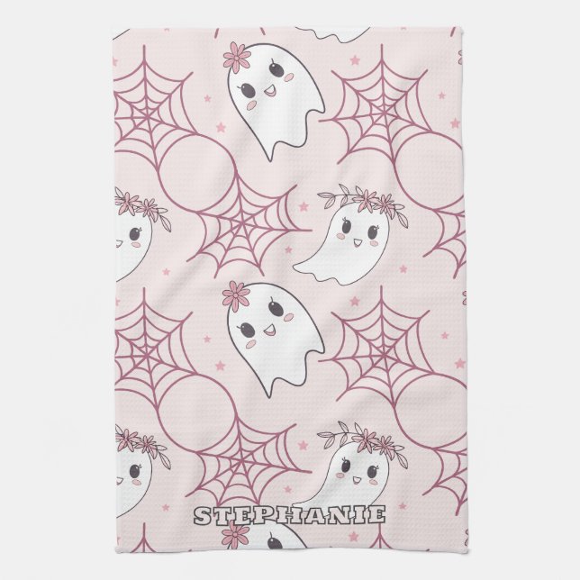 Niedliches Halloween Ghost & Spiderweb Muster (2) Geschirrtuch (Vertikal)