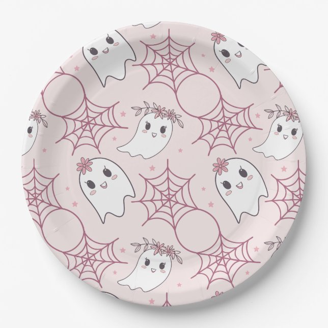 Niedliches Halloween Ghost & Spiderweb Muster (2) Pappteller (Vorderseite)