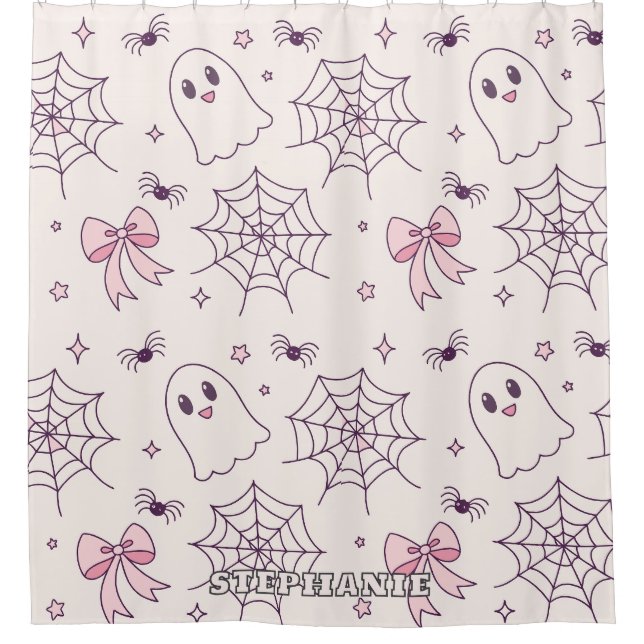 Niedliches Halloween Ghost & Spiderweb Muster Duschvorhang (Vorderseite)