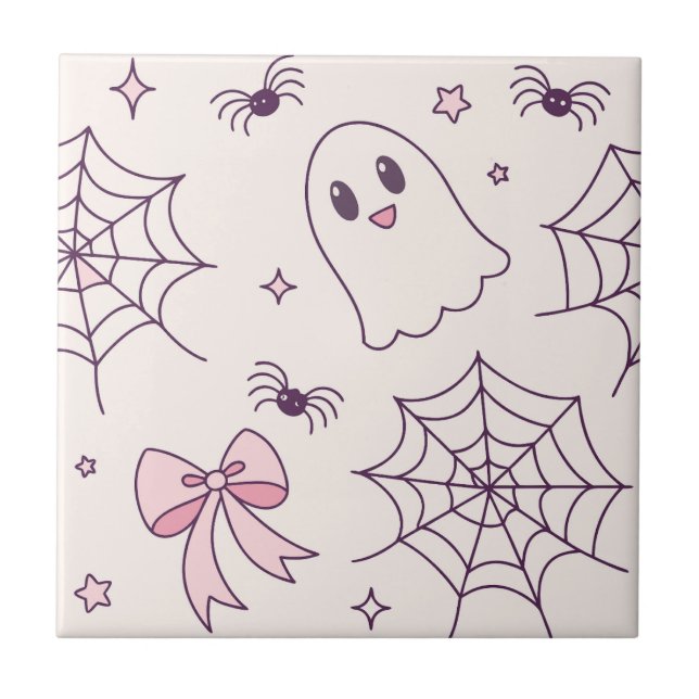 Niedliches Halloween Ghost & Spiderweb Muster Fliese (Vorderseite)